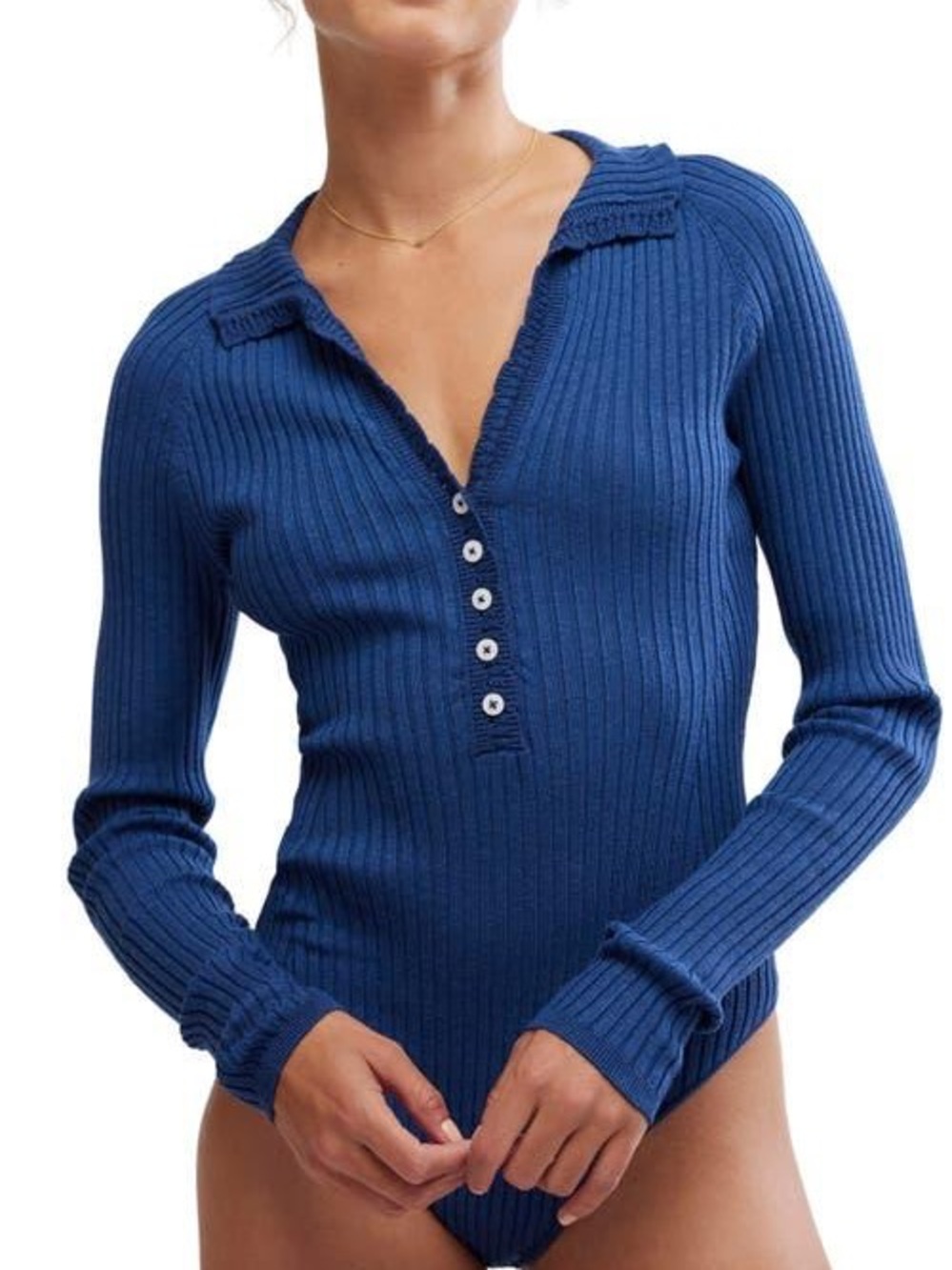 NWT Free People Ready For It Ribbed Henley Bodysuit Navy Blue Ribbed Sweater S